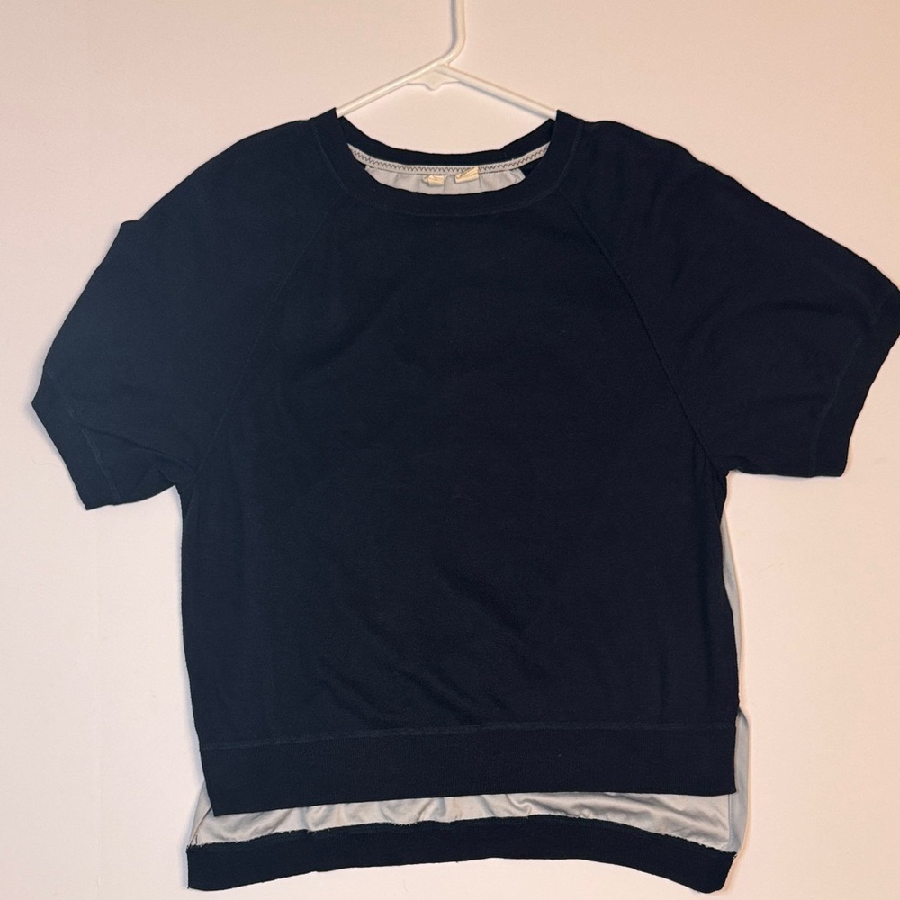 Moth Anthropologie Silk Blend Mixed Media Top Navy Gray Raglan Short Sleeve S